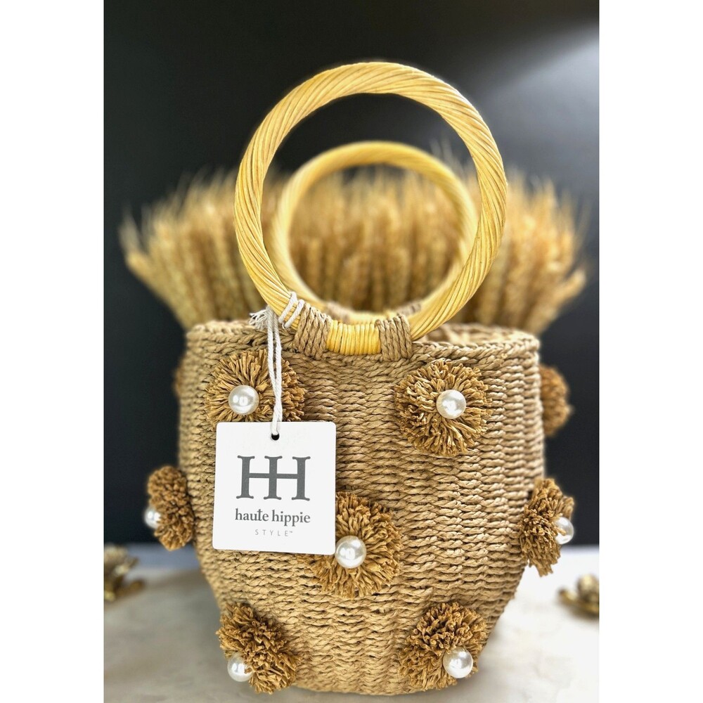 Haute Hippie Straw Drawstring Bucket Handbag Rattan Pearl Accents BRAND NEW  +🎁